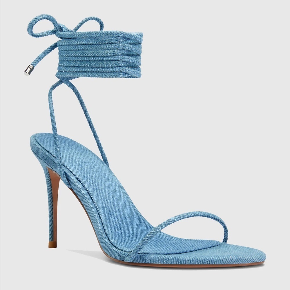 Revolve – Femme LA - Denim stiletto ankle wrap heels, size 9 - Picture 2 of 6